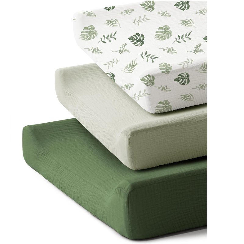 Coreeky 3 Pack Muslin Changing Pad Covers for Girl, Boy, 100% Soft Cotton Changing Table Cover, Breathable Baby Nursery Diaper Chang Pad Sheets (Leaf) - Image 1